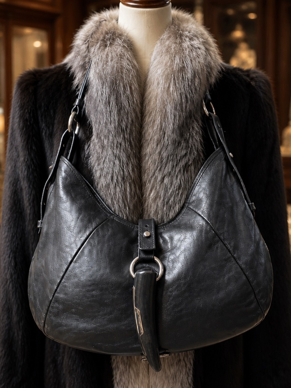 Yves Saint Laurent Black Leather Shoulder Hobo with Horn Accent